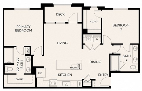 Floor plan for 2 beds, 2 baths, 1043 sqft